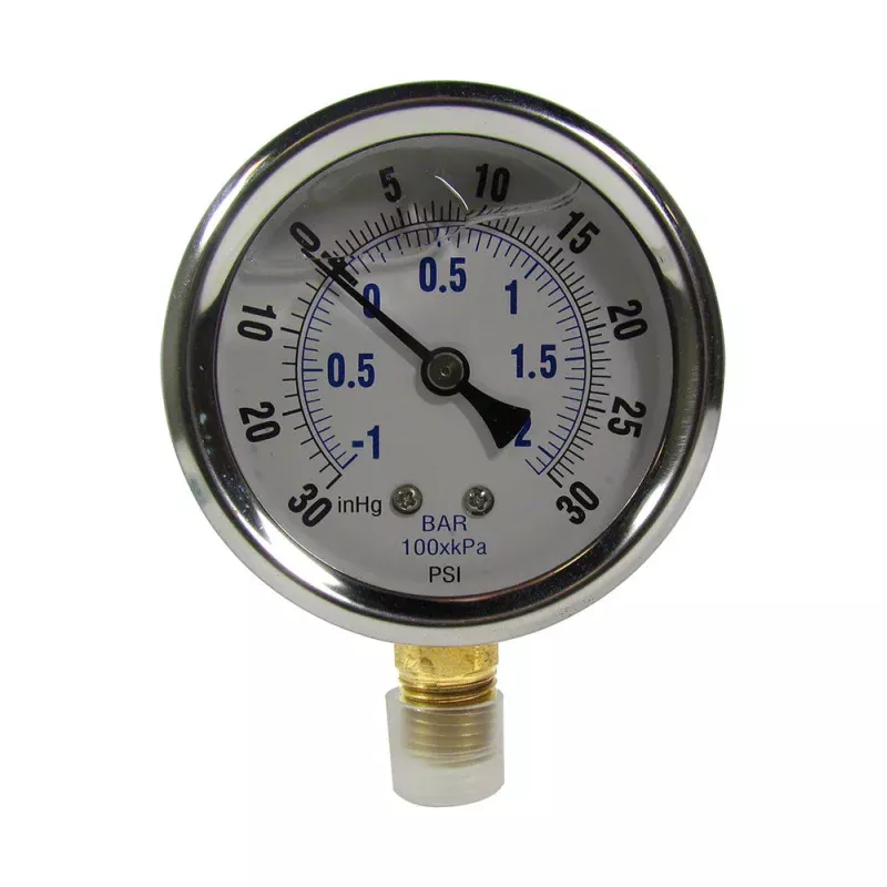-30 to 30 PSI Liquid Filled Vacuum/Pressure Gauge – 1/4 Inch Bottom Mount – 2-1/2 Inch Face – Stainless Steel Case