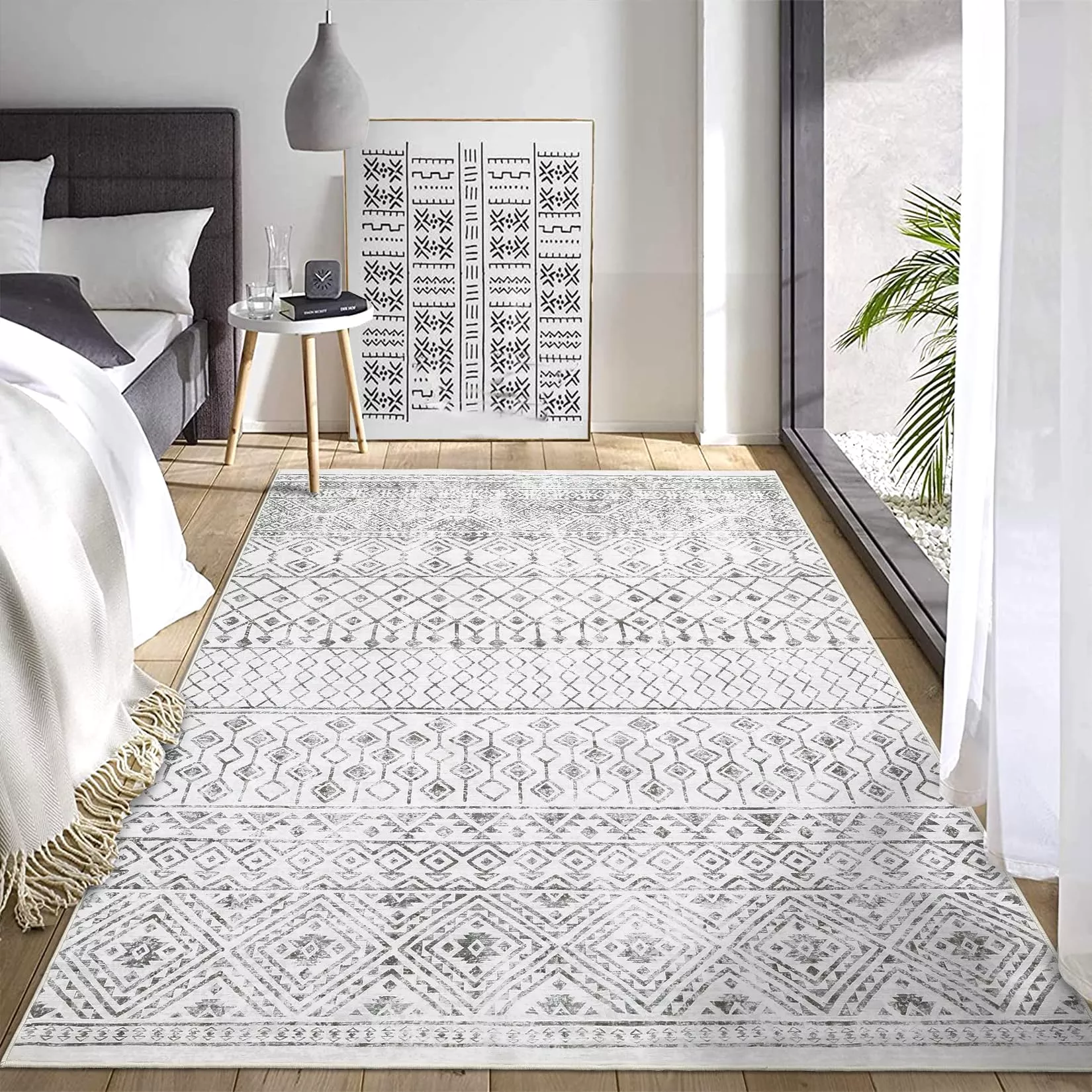 4′ x 6′ Moroccan Area Rug, Washable Non-Slip Geometric Boho Low-Pile Rug for Bedroom, Office & Entryway, Gray