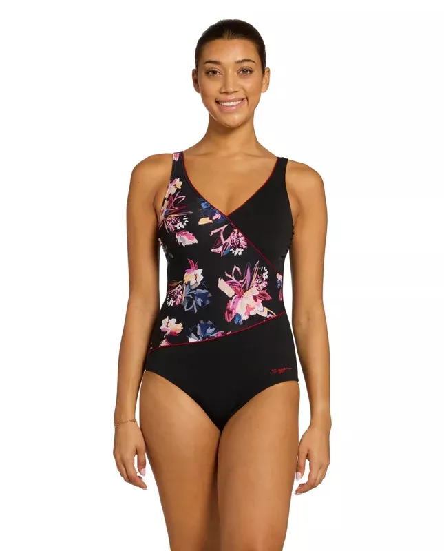 Zoggs Yuma Wrap Front Swimsuit – Black/Pink