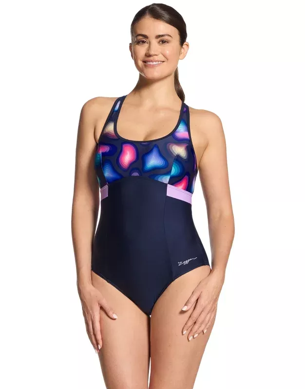 Zoggs Zephyr Dakota Printed Crossback Swimsuit – Navy/Multi